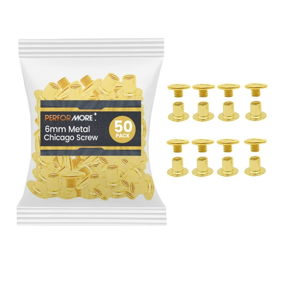 50 Pack of Chicago Screw Post Binding Screws, 6mm Brass Plated Metal Screw Posts for Scrapbooking, Photo Albums, Binding Leather Repair