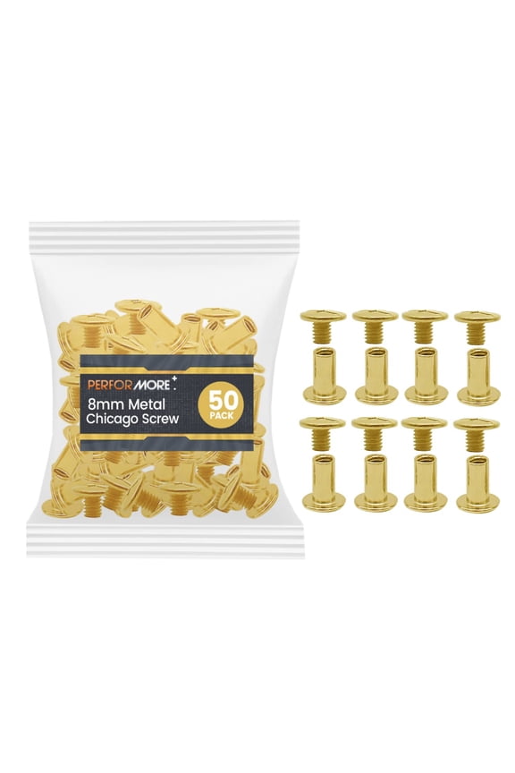 50 Pack of Chicago Screw Post Binding Screws, 8mm Brass Plated Metal Screw Posts for Scrapbooking, Photo Albums, Binding Leather Repair