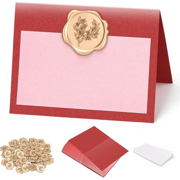 50 Pack s - Antique Gold Wax Seal Sticker & Vellum Inserts, Pre-Scored Name Tent Cards for Table Setting, 4x3 Folded Table Cards for Party Wedding Dinner Events (Pearlescent Red)