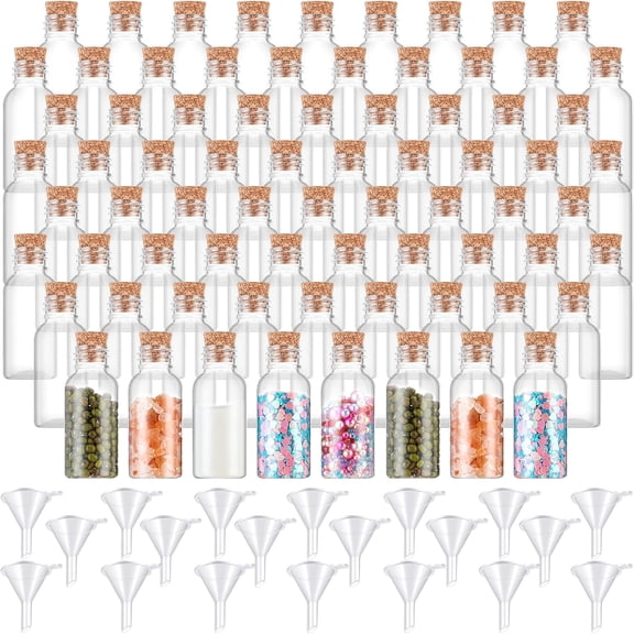 50 Packs 1 oz Plastic Sand Art Bottles with Cork Stoppers Mini Vial Potion Bottles Perfume Cork Jar with Mini Funnels for Filling Jar for DIY Craft, Essential Oil, Message, Party Favor