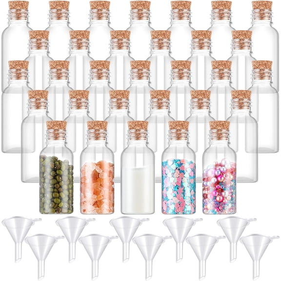 50 Packs 1 oz Plastic Sand Art Bottles with Cork Stoppers Mini Vial Potion Bottles Perfume Cork Jar with Mini Funnels for Filling Jar for DIY Craft, Essential Oil, Message, Party Favor