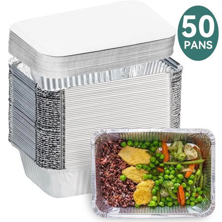 50 Packs Aluminum Pans with Lids (8.26"×5.5"), Foil Baking Tins, Disposable Foil Containers with Lids, Covers Pans and Cardboard - for Baking Cakes, Bread, Meatloaf, Lasagna