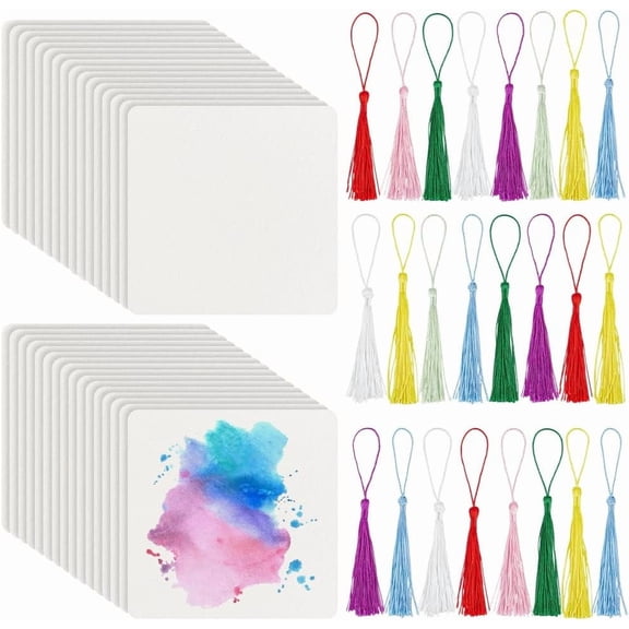 50 Packs Artist's Tiles 3.9 Inch Square Zentangle Paper Tiles Blank Cards with 25 Tassels Paper Sheets for Sketch Book Notebook Index Cards Flash Cards Notes Making Supplies for DIY Square