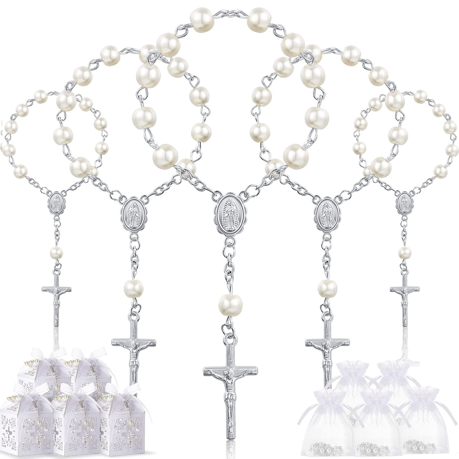 12 White Organza Favor Bags With Bow For Baptism/Christening - 4x5 Inches Decorated