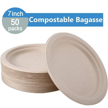 50 Packs Disposable Paper Plates, 7 inch 100% Compostable&Heavy-Duty Plate, Natural Paper Plates, Bagasse Plate, Heat Resistant up to 248F for Birthday Wedding Dinner Party Camping Picnic