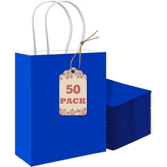 50-Packs Gift Bag with Handles Bulk Diamond Blue Paper Bags Multiple Uses (8.3"x3"x6" Small Size)