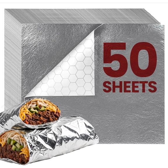 50 Packs Heavy Duty Insulated Aluminum Foil Sheets 14" x 10.3" Disposable Food Wraps for Sandwiches, Burritos, BBQ, Burgers, Hot & Cold