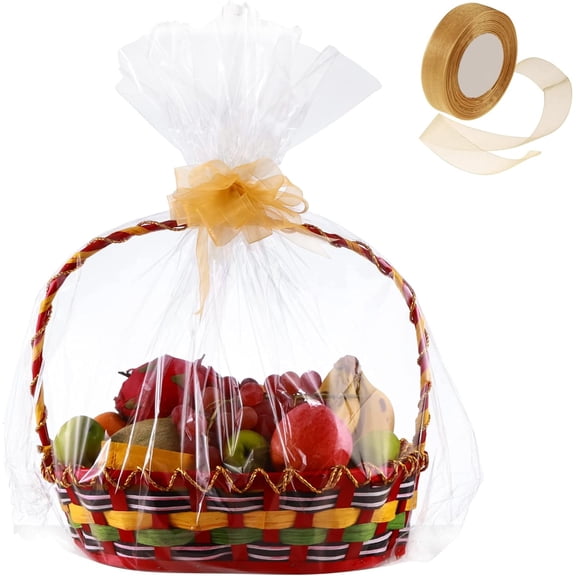 50 Packs Large Clear Cellophane Basket Bags 24" x 30" Cellophane Basket Gift Bags Heavy-duty Plastic Wrapping Paper for Gifts, Arts, Crafts, Treats, Gold Chiffon Ribbon