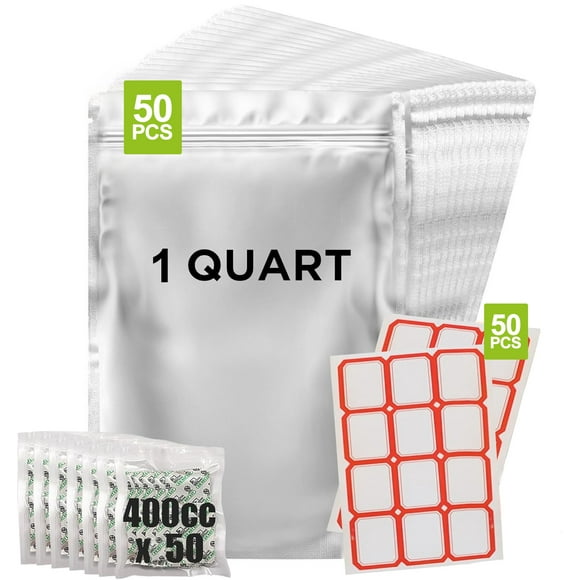 50 Packs Mylar Bags for Food Storage 1 Quart(7"x 10") Reusable Mylar Bags 400cc Thick 5.5 Mil,Heat Sealable Mylar Bags for Food Storage Zipper Pouches