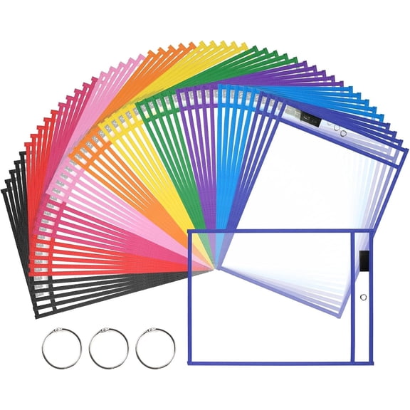 50 Packs Oversized Reusable Dry Erase Pocket Sleeves with 3 Rings, 10 Assorted Colors 10x14 Ticket Holders, Clear Plastic Sheet Protectors, Teacher School Classroom Supplies