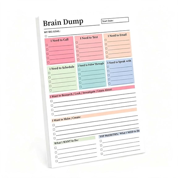 50 Page Brain Dump Notepad, To Do List Notepad with Multiple Functional Sections, A5 Daily Planning Management Manual, Minimal Planning Tool