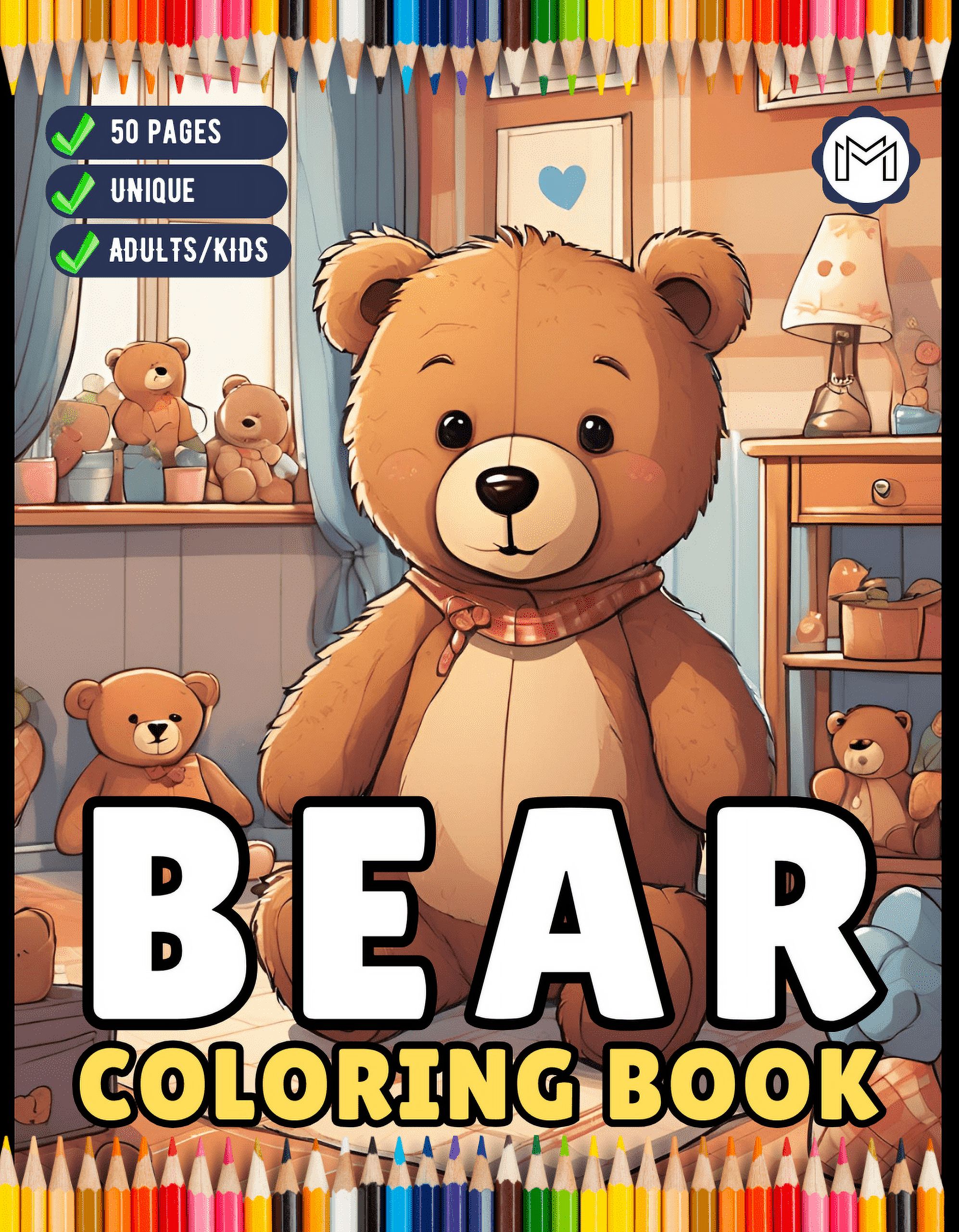 50 Pages Cute Teddy Bear Coloring Book Gift for Adults Kids Men Women ...