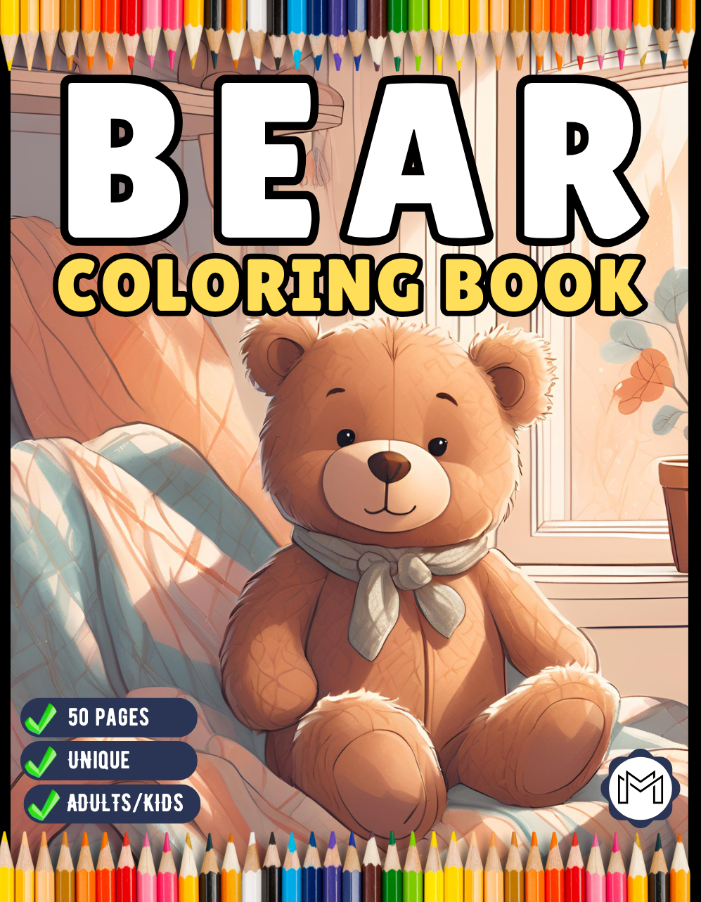 50 Pages Cute Teddy Bear Coloring Book Gift for Adults Kids Men Women ...