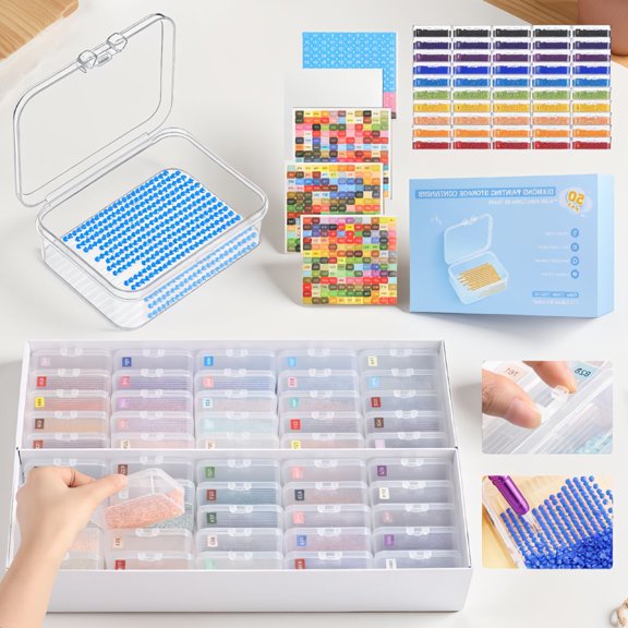 50 Painting Storage Containers with , 2-in-1 Trays and Boxes, Includes 715 Labels, Grooved Design for Art Beads and