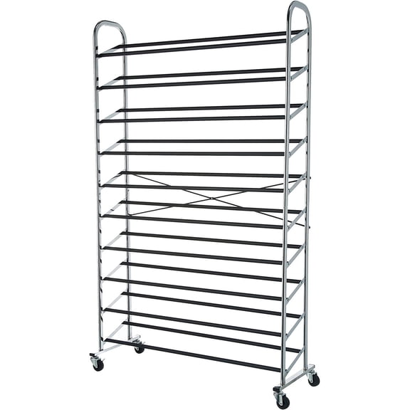 50-Pair Shoe Rack Organizer, Portable Rolling with Locking Wheels, Free Standing, 35.8 x 14.6 x 59.5 inches, Chrome