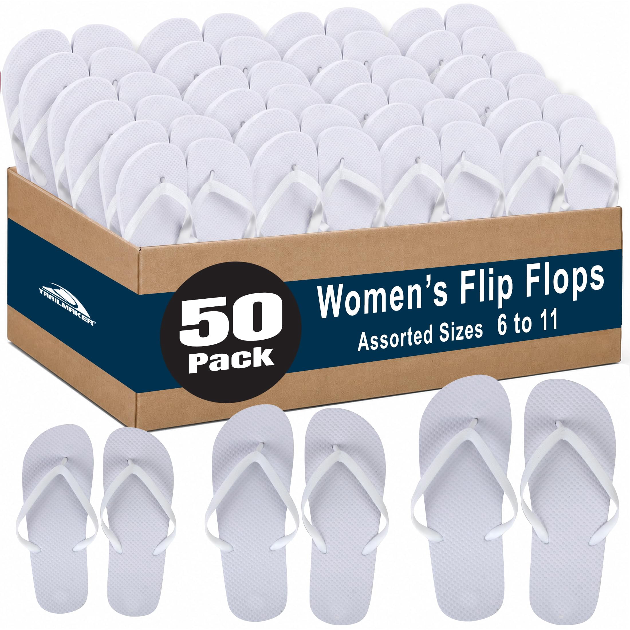 50 pairs Trail maker Flip Flops for Women, Weddings, House Guests, Indoor, Outdoor in White