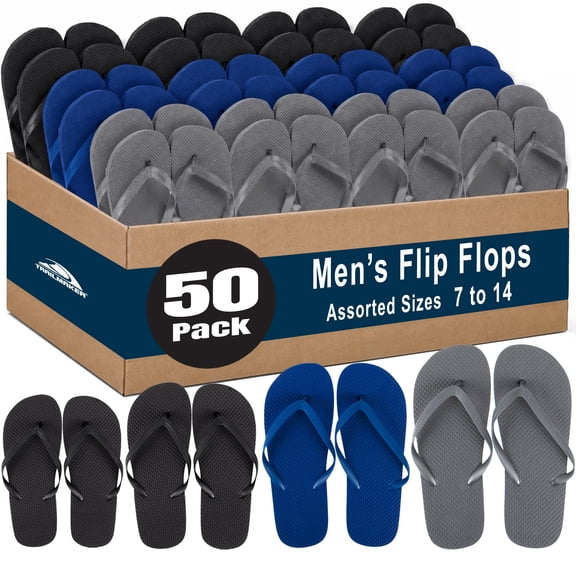 50 Pairs of Bulk Wholesale Waterproof Flip Flop Sandals for Men, Weddings, House Guests, Indoor and Backyard Outdoor – 50 Pairs of Waterproof Flip Flop Sandals for Men in Black, Gray, Navy Blue