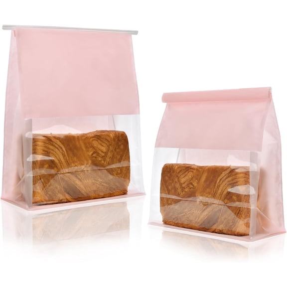 50 Paper Bread Bags with Tabs for Homemade Sourdough Bread, 8.7x4.3x11 Inches Pink Bakery Bread Bags with Window/Tin Tie Tab Lock, Large Bakery Loaf Bag for Baked Goods Packaging