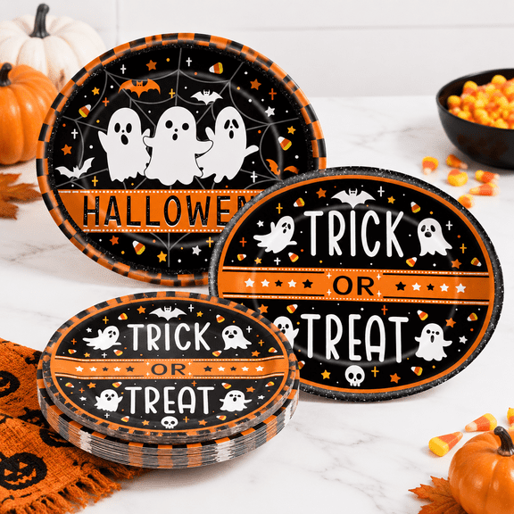 50 Paper Plates Set - Large Disposable Ghost Oval Dinner Dessert Cute Printed Tableware For Happy Party Decorations Supplies Tabl