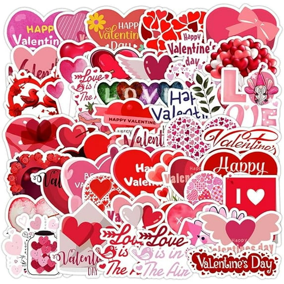 50 Pc Valentine'S Day Stickers, Heart-Shaped Stickers, Waterproof Vinyl Material, Suitable For Water Bottles, Laptops, Skateboards, Valentine'S Day Wall Decorations, Party Decorations.