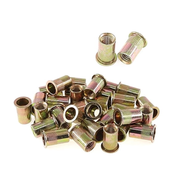 JOWNEEL 50-Pcs 1/2''-13UNC Mixed Zinc Plated Carbon Steel Rivet Nut Flat Head Insert Nutsert Assortment Kit