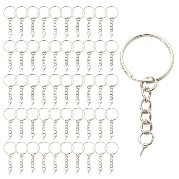 50 Pcs 1 Inch/25mm Split Keyrings with Chain Silver Keychain Ring, Key Chains Rings Parts with Open Jump Ring and Connector