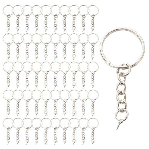 50 Pcs 1 Inch/25mm Split Keyrings with Chain Silver Keychain Ring, Key Chains Rings Parts with Open Jump Ring and Connector