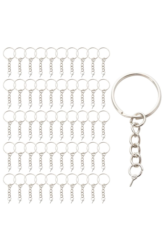 50 Pcs 1 Inch/25mm Split Keyrings with Chain Silver Keychain Ring, Key Chains Rings Parts with Open Jump Ring and Connector