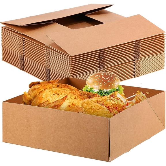50 Pcs 10. 4" x 10. 4" x 3. 7" Kraft Paper Food Trays Disposable Foldable Paperboard Fast Food Container Boxes Tray 4 Corner Pop up Serving Brown Holders for Party Stadiums Theaters