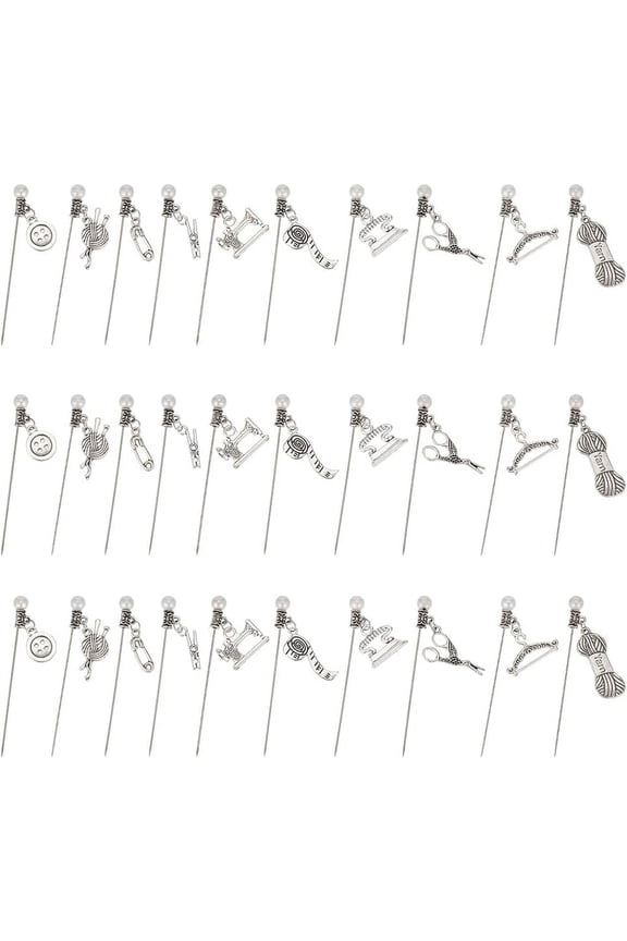 50 Pcs 10 Styles Decorative Sewing Pins Sewing Theme Iron Head Pins Straight Sewing Pin with Acrylic Pearl and Alloy Pendants