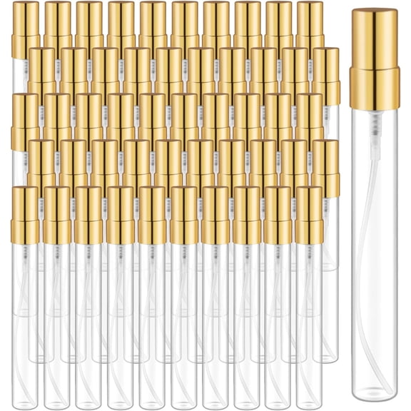 50 Pcs 10ml Fine Mist Glass Spray Bottles Clear Empty Perfume Vials Refillable with Gold Lids