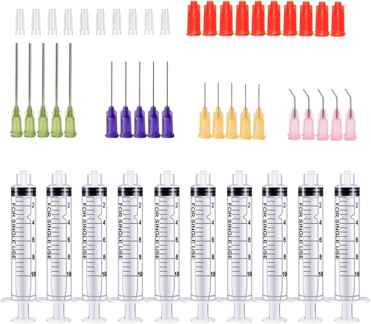 50 Pcs - 10ml Syringes 14Ga 20Ga 21Ga 23Ga 0.5 Inch Blunt Tip Needle Storage Caps - Glue Applicator, Oil Dispensing