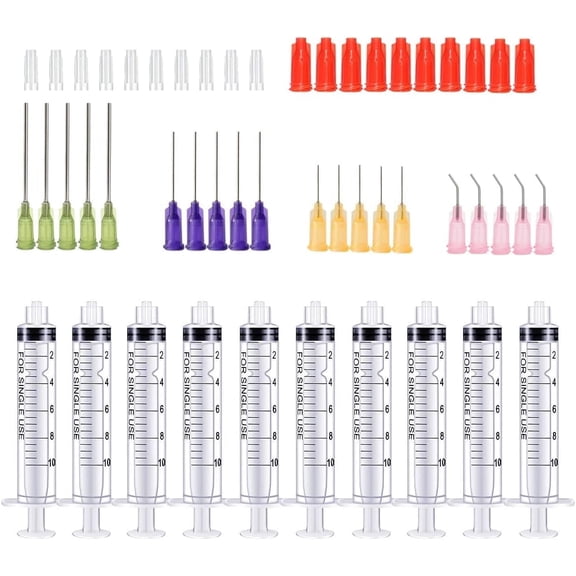 SKYPRO Plastic Lab Syringes, 10ml, Luer Lock, Blunt Tip Needle with Storage Caps, 14Ga 20Ga 21Ga 23Ga, 50 Count
