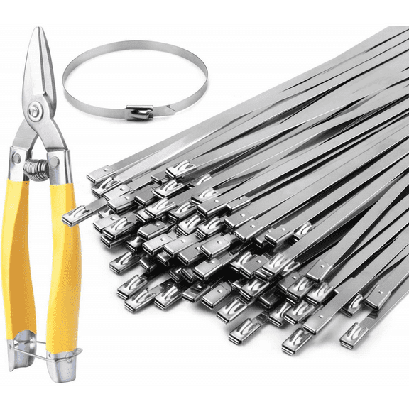 50 Pcs 11.8" Stainless Steel Zip Ties with Cutter, Heavy Duty Metal Cable Ties for Outdoor, UV Resistant Self-Locking Ties for Fences & Pipes & Industrial