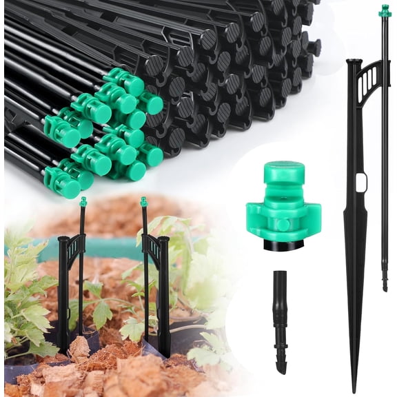 50 Pcs 12.8 Inch Drip Irrigation Stakes with 180 Degree Sprayer Emitters and Sprinkler Extension Riser 1/4 Inch Drip Line Sprinkler Support Stakes for Garden Watering System,Green