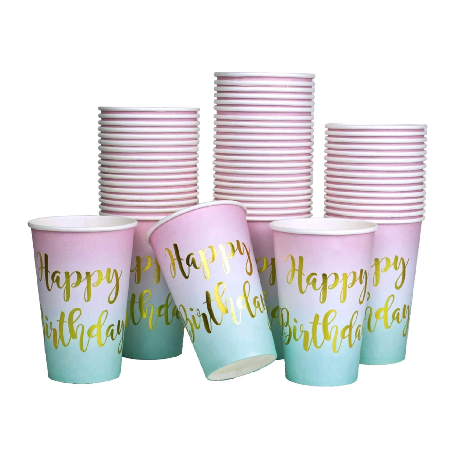 50 Pcs 12oz Happy Birthday Party Disposable Paper Purple to Teal with ...