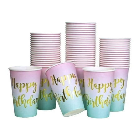 50 Pcs 12oz Happy Birthday Party Disposable Paper Purple to Teal with Gold Cups