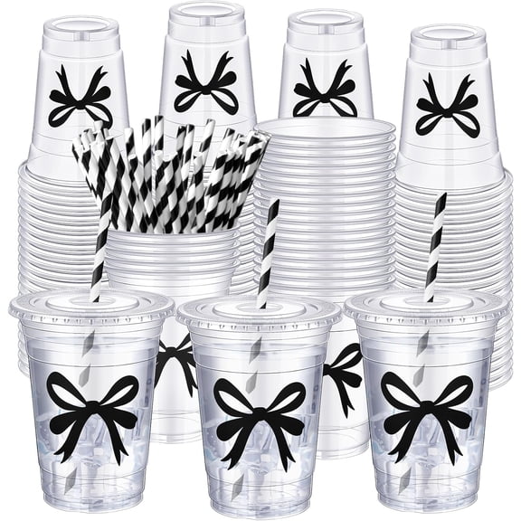 50 Pcs 16 oz Coquette Disposable Plastic Cups with Straw for Black Bow Party Supplies Bow Cups Birthday Wedding Bridal Engagement Party Drinkware Baby Shower Decorations