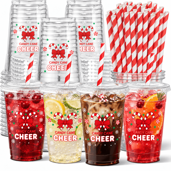 50 Pcs Christmas Disposable Plastic Cups with Lids and Straws, 16 oz Clear Holiday Party Cups, Candy Cane Design Cold Drink Cups for Christmas Parties