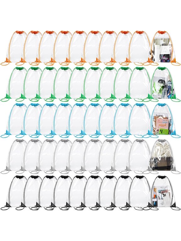 50 Pcs 17 x 13 Inch Clear PVC Drawstring Tote Bags Waterproof Bulk Stadium Gym Bag