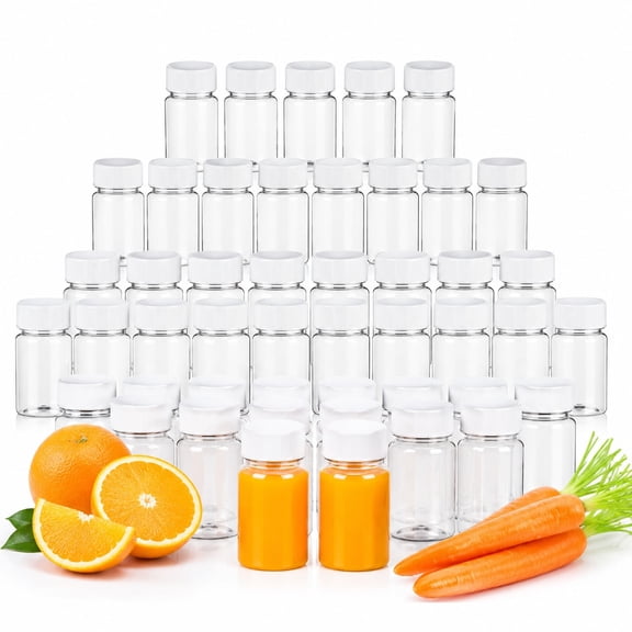 50 Pcs 2 Oz Plastic Juice Bottles with White Caps, Reusable Leakproof Shot Containers for Juice Sauce Beverage Samples and Party Drink Storage, Clear PET Bottles