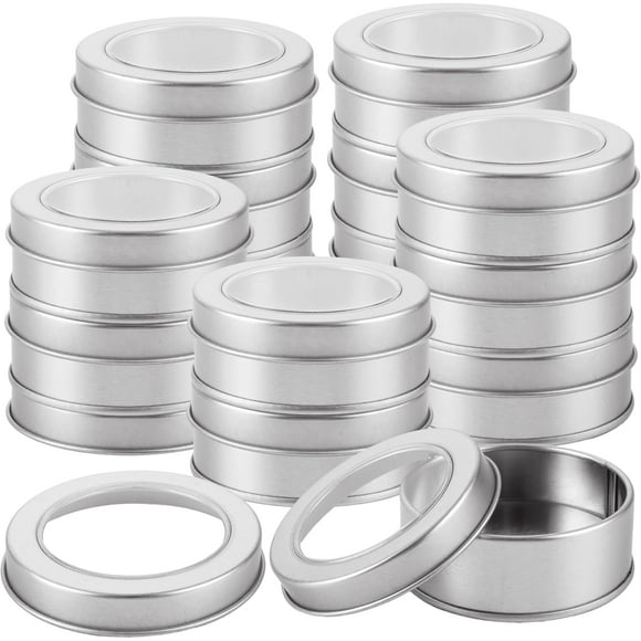 50 Pcs 2 oz Metal Tin Cans with Clear Lid, Silver Round Tin Container, Refillable Empty Salve Containers for Cosmetic, Candles, Candies, Spices