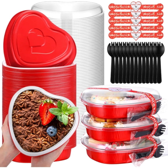 50 Pcs 22 oz Heart Shaped Cake Pans Aluminum Foil Cupcake Cup with Lids and Spoons Disposable Cake Tins Heart Baking Pan Mini Baking Tins for Valentine Wedding Birthday Party Red
