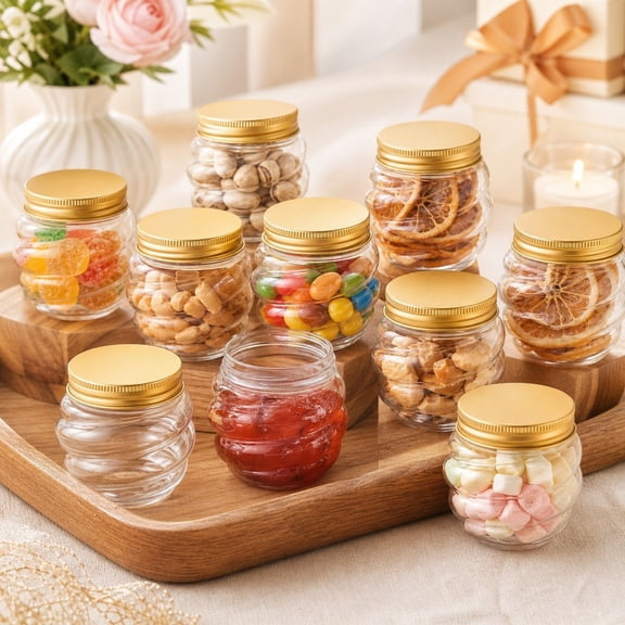 50 Pcs 2oz Clear Wide Mouth Plastic Honey Jars with Golden Lids, Reusable Small Storage Containers, Elegant Transparent Jars for Summer Food Storage, Birthday Holiday Gift Packaging