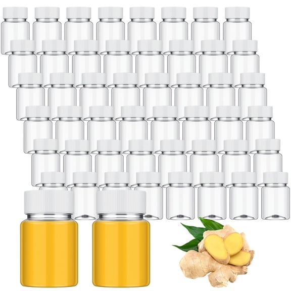 50 Pcs 2oz Plastic Juice Bottles with Screw Caps, Clear Mini Shot Bottles with Caps for Juicing, Wide Mouth Small Containers with Yellow Caps, Reusable Travel Storage Weddings, Parties, DIY