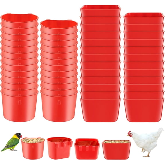 50 Pcs 4.9 x 3.7 x 2.4'' Cage Cups Chicken Feeders 3.2 x 3.2 x 2.4'' Cage Cups Birds Feeders Hanging Chicken Water Cups Seed Bowl Coop Cups for Parrot Poultry Pigeon Feeding Watering, Red