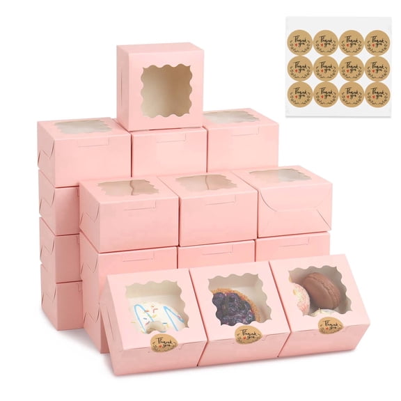 50 Pcs 4x4x2.5 Inch Bakery Boxes with Window, Pink Cookie Boxes for Gift Giving, Treat Box for Desserts, Macarons, Donuts, Pastries