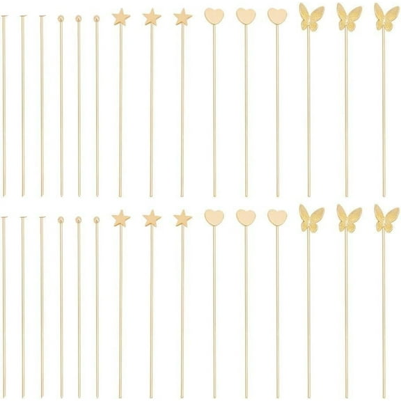 50 Pcs 5 Styles Real 18K Gold Plated Ball Head Pins Brass Butterfly Flat Head Wire Needle Headpins 20 Gauge Heart Star Satin Pins Jewelry Making Accessories for Craft DIY Handmade colorful