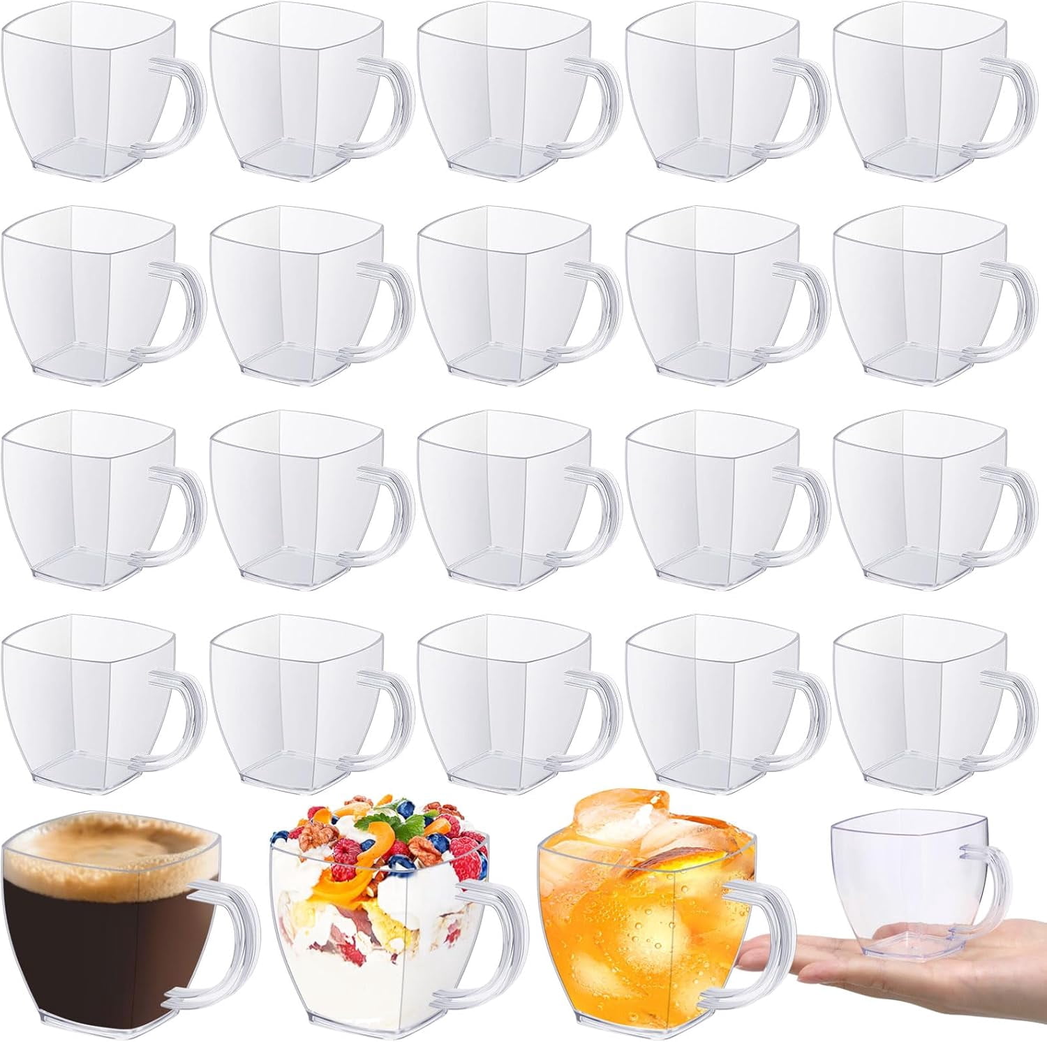 50 Pcs 5 oz Disposable Tea Cups Bulk Mini Plastic Tea Cup Bulk with Handle Hard Coffee Mug Reusable Square Espresso Mugs for Party Wedding (Clear)