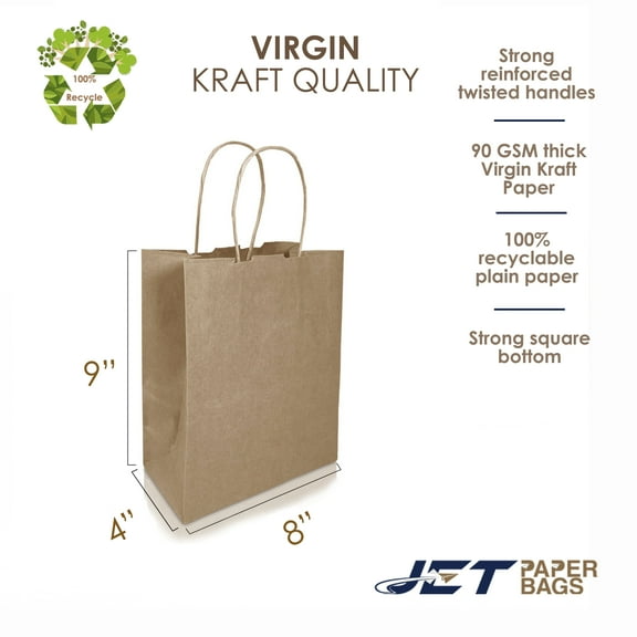 [50 Pcs] 8" x 4" x 9H" Small Brown Virgin Kraft Paper Shopping Bags with Twisted Handles for Gift, Merchandise, Christmas, Birthday, Craft, Wedding, Party Favor, Thank You and More -MIMI-